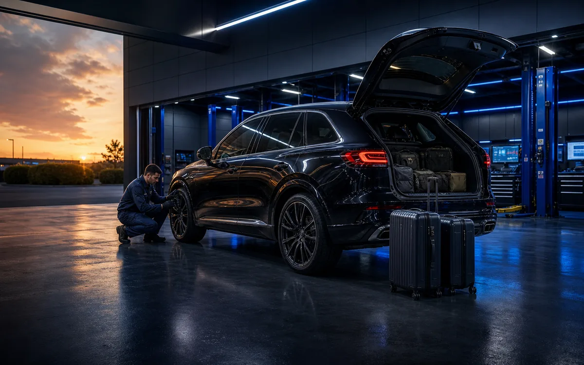 SUV premium em oficina automotiva para check-up pós-viagem