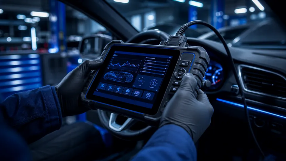 Scanner automotivo profissional realizando diagnóstico eletrônico