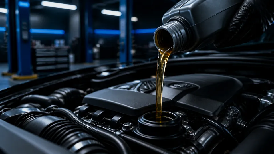 Troca de óleo em motor automotivo moderno em oficina premium