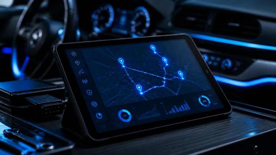 Tablet com interface de rastreamento veicular em ambiente automotivo tecnológico