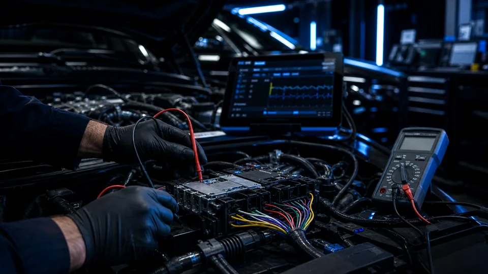 técnico realizando diagnóstico elétrico automotivo em veículo